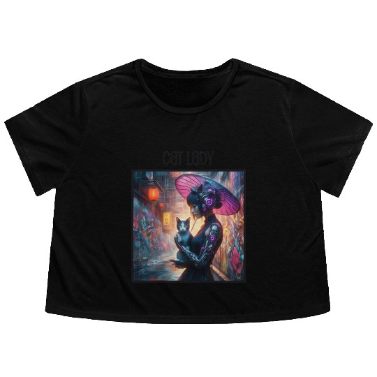 Cat Lady (Cyberpunk) Street Art v2 Flowy Cropped Tees