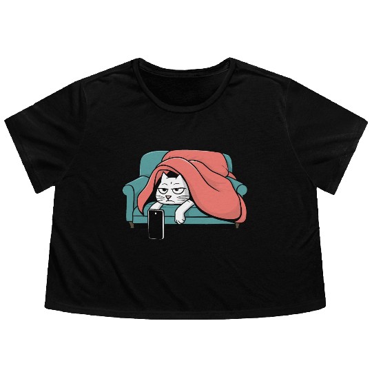 Bored Cat on Couch With Smart Phone Flowy Cropped Tees