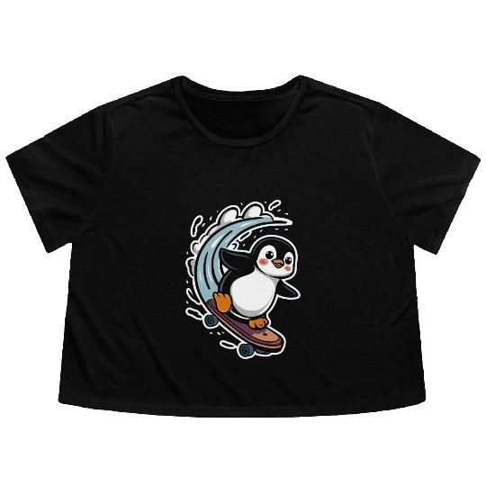 Penguin Skateboarding Adventure Fun Flowy Cropped Tees