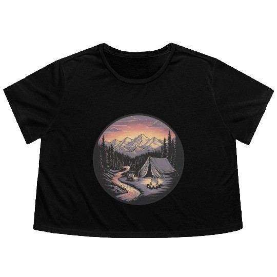 Mountain Morning: Peaceful Camping Monoline Flowy Cropped Tees