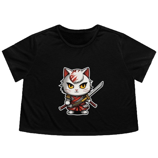 ninja cat with a katana 2 Flowy Cropped Tees