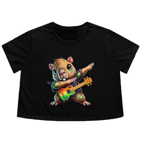 Cute Dabbing Capybara Zombie Squad Guitar Hallowee Flowy Cropped Tees