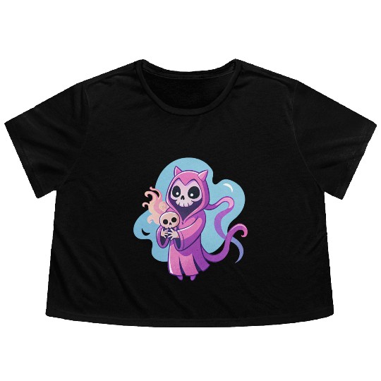 skeletal figure, violet pink robe, lavender puppy Flowy Cropped Tees