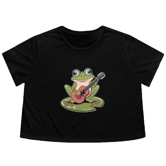 Frog Playing Guitar On Lily Pad Flowy Cropped Tees