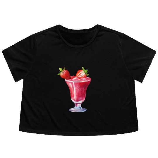 Watercolor Strawberry Cocktail Drink Flowy Cropped Tees
