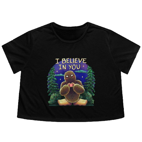Bigfoot cryptid believe in you Flowy Cropped Tees
