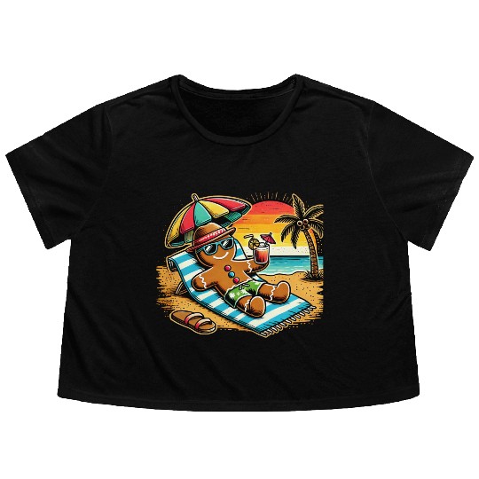 Gingerbread Man Relaxing on the Beach Flowy Cropped Tees