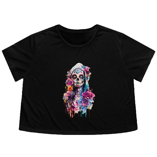 Santa Muerte Saint Mexican Folklore Dead Skull Flowy Cropped Tees