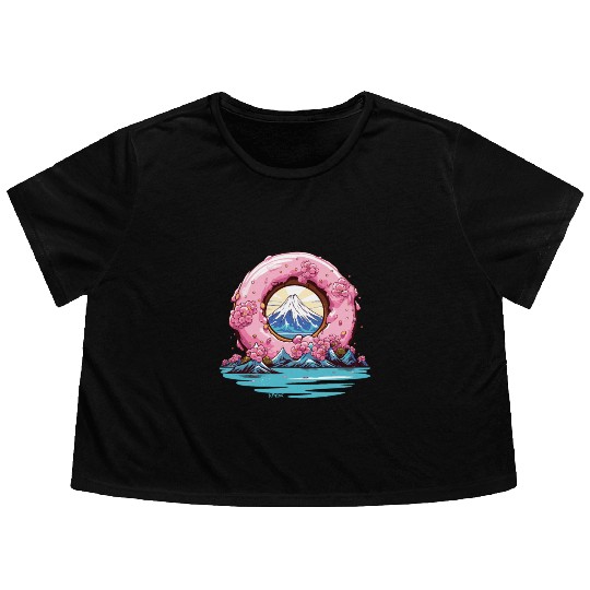Japan Sakura Blossom Mount Fuji Donut Flowy Cropped Tees