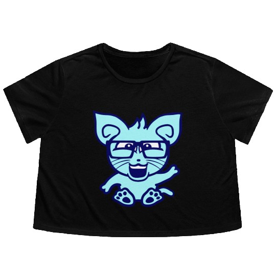 Nerd Cat Horn-rimmed Glasses Geek Smart Kitten Fun Flowy Cropped Tees