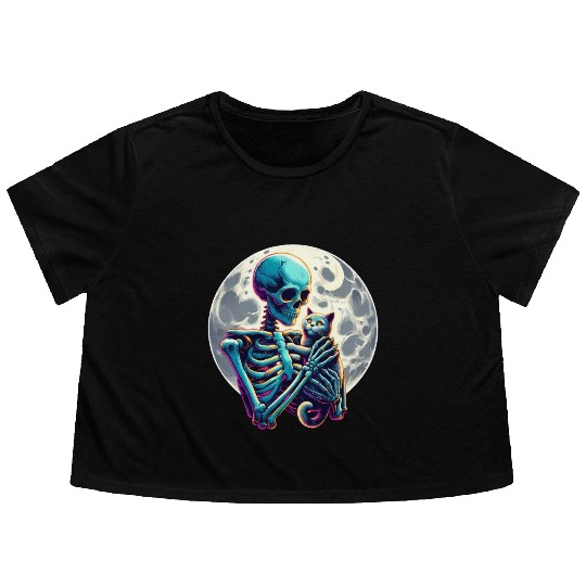 Skeleton Cute Cat Skull Kitty Halloween Flowy Cropped Tees