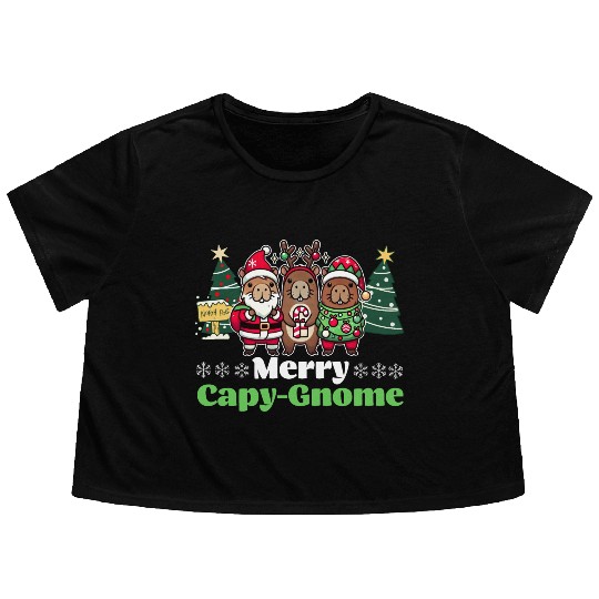 Merry Cap-Gnome Capybara Christmas Flowy Cropped Tees