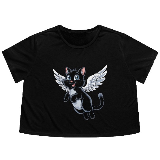 Black Cat with Angel Wings Flowy Cropped Tees