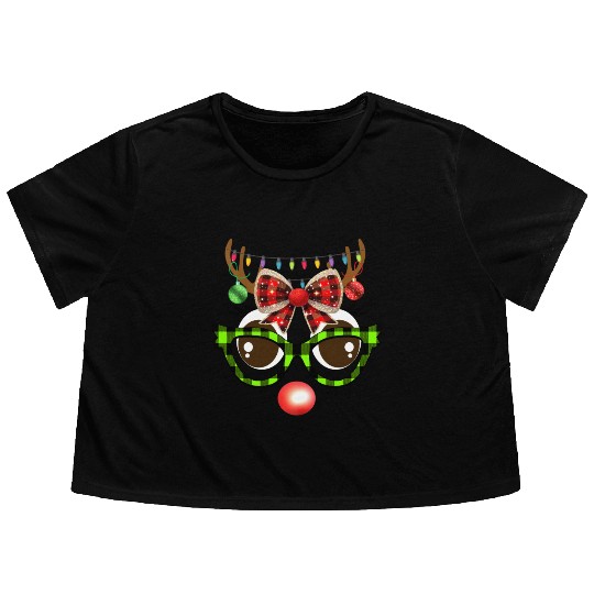 Reindeer face coquette bow Christmas Plaid Glasses Flowy Cropped Tees