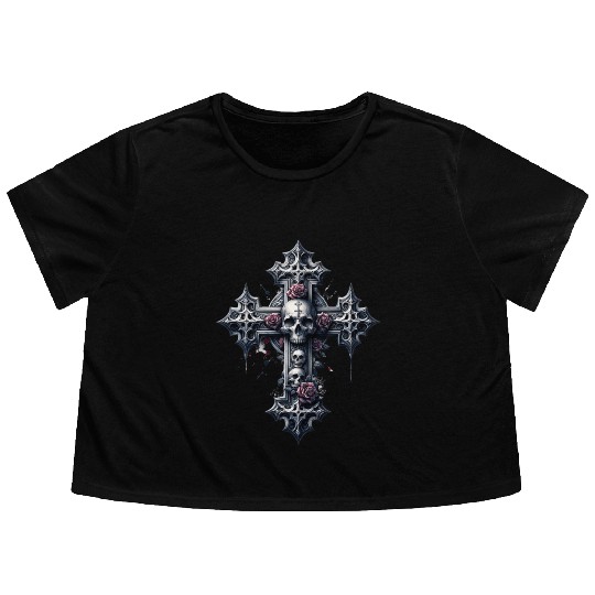 Gothic Cross Collection - Skulls and Red Roses Flowy Cropped Tees