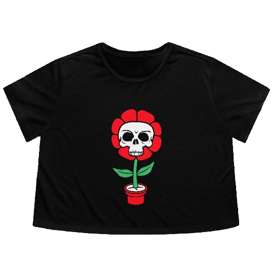 Evil Skull Flower Horror Halloween Skeleton Head Flowy Cropped Tees