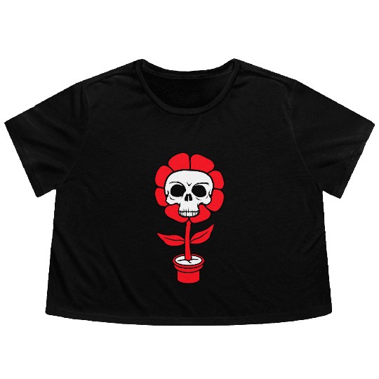 Evil Skull Flower Horror Halloween Skeleton Head Flowy Cropped Tees