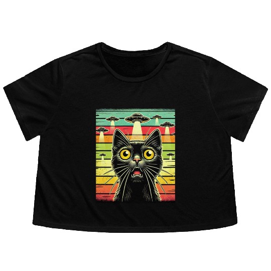 Fun Cat sunset Galaxy Cat Spaceship Alien Cat UFOs Flowy Cropped Tees