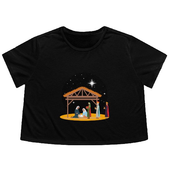 Christmas Holiday Manger Nativity Scene Flowy Cropped Tees