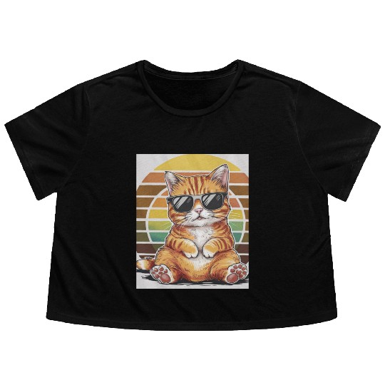 Cool Orange Tabby Cat Sunglasses and Retro Sunset Flowy Cropped Tees
