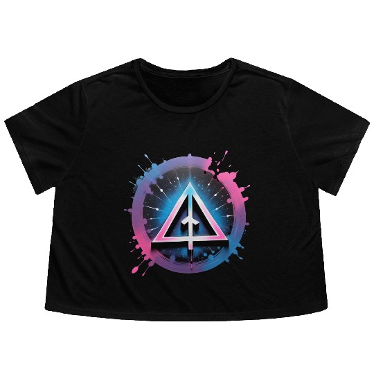 Neon Geometric Arrow in Cosmic Splash Flowy Cropped Tees