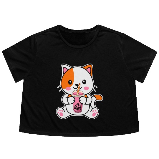 strawberry cat Flowy Cropped Tees
