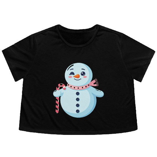 Whimsical Snowman with Candy Cane Flowy Cropped Tees