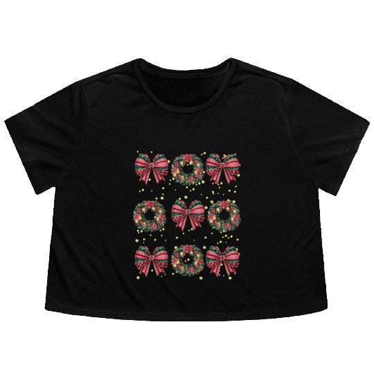 Christmas wreath, Christmas Coquette Bow Flowy Cropped Tees