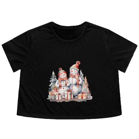 Snowman Christmas, Merry Christmas Flowy Cropped Tees