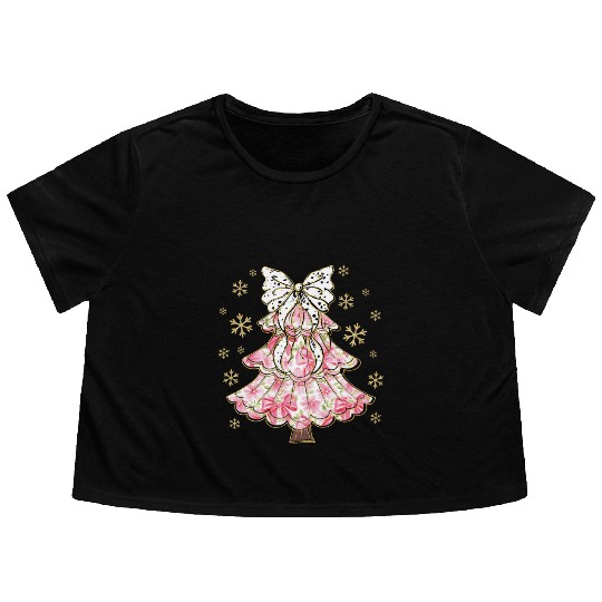 Preppy Pink Coquette Bow Xmas Tree Flowy Cropped Tees