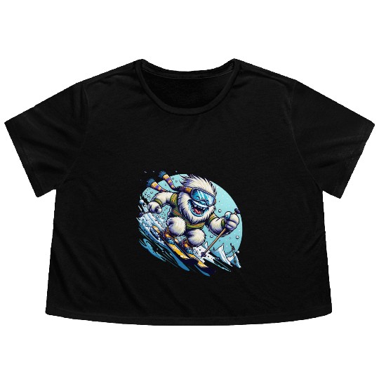 Epic Yeti Ski Adventure Illustration Flowy Cropped Tees