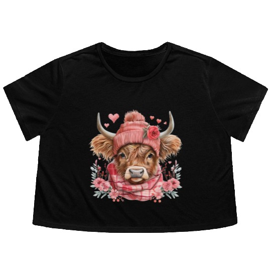 Cute Highland Cow Valentines Day Flowy Cropped Tees