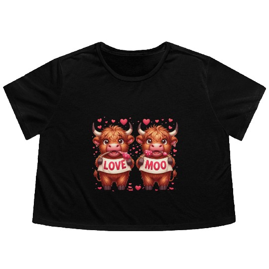 Cute cartoon valentines highland cow Flowy Cropped Tees