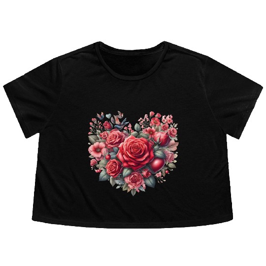 Heart Roses, Valentines Day Flowy Cropped Tees