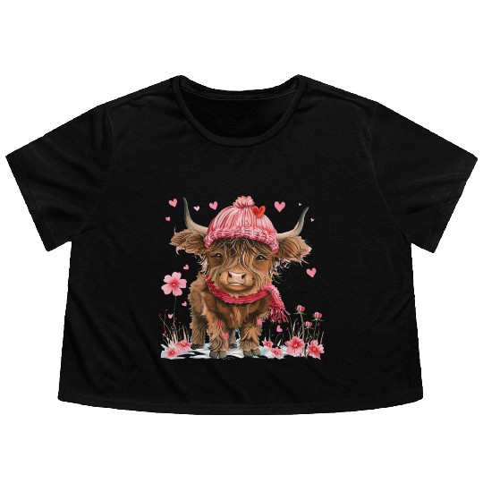 Cute Highland Cow Valentines Day Flowy Cropped Tees