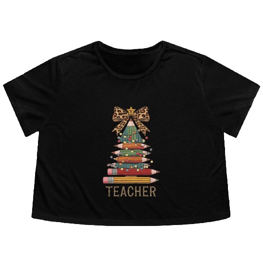 Christmas Tree Pencil Teacher Leopard Bow Design Flowy Cropped Tees