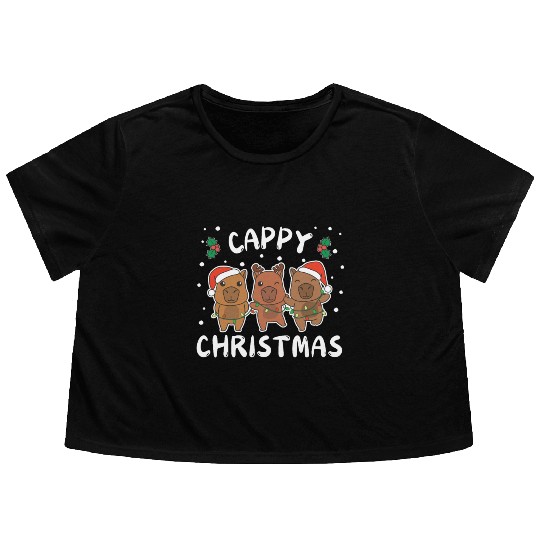 Merry Christmas Cute Capybara Festive Lights Flowy Cropped Tees