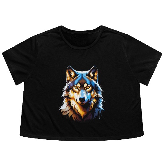 Isolated Lone Wolf Head Ink Design Flowy Cropped Tees