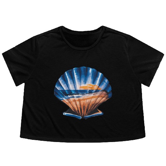 Seashell Beach Scene Serene Ocean Landscape Flowy Cropped Tees