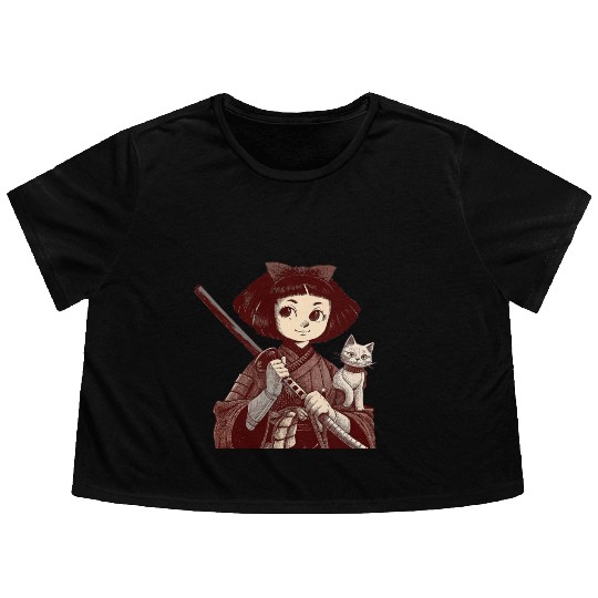 Chibi Samurai Warrior Cat Companion & Blossoms Flowy Cropped Tees