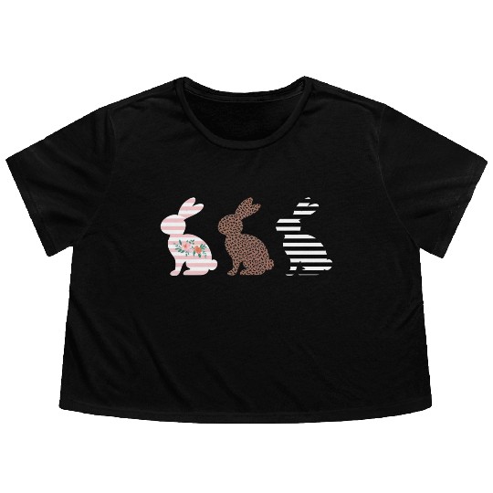 Happy Easter Cute Easter Leopard Bunny Rabbit Flowy Cropped Tees