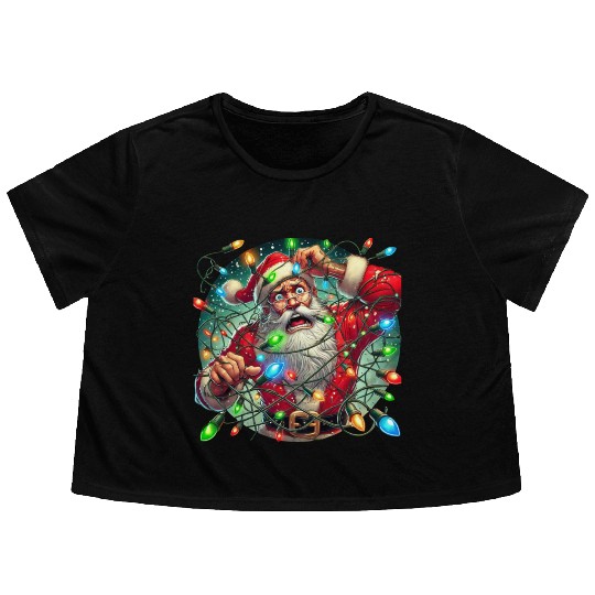 Funny Christmas Santa: Tangled in Lights Flowy Cropped Tees