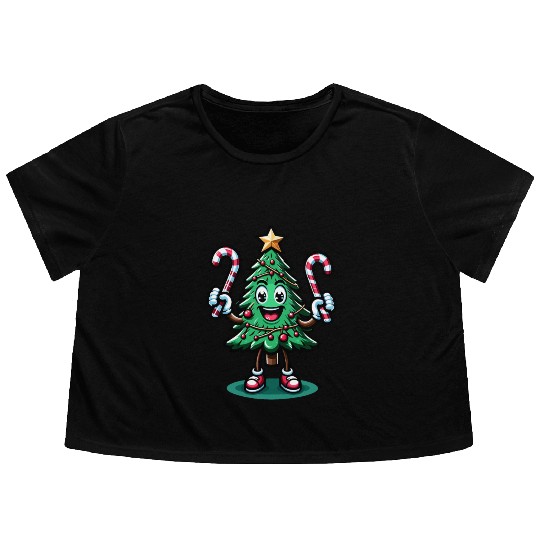 Happy Christmas Tree With Candy Canes Retro Flowy Cropped Tees