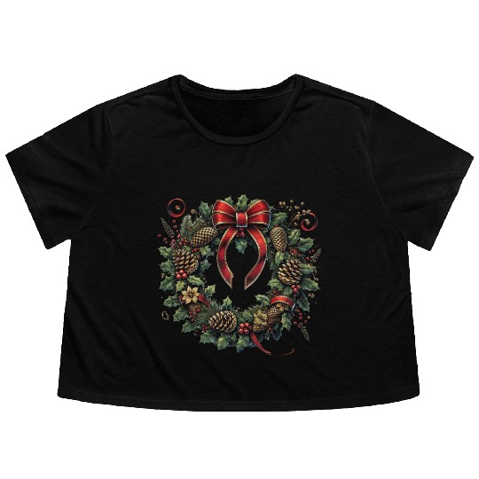 Rustic Christmas Wreath with Holly and Pine Cones Flowy Cropped Tees