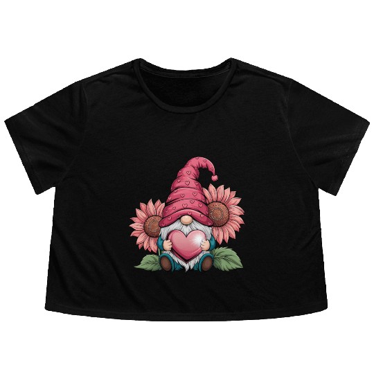 Happy Valentines Gnome with Sunflower Flowy Cropped Tees