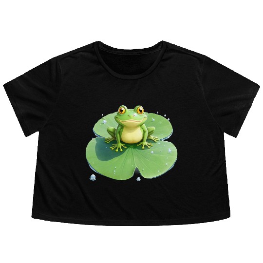 Cheerful Frog on Lily Pad Flowy Cropped Tees