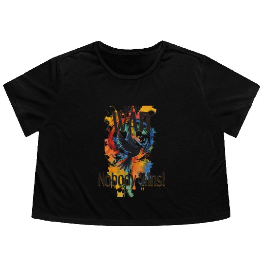 World War Nobody Wins Black Dove and Text Flowy Cropped Tees