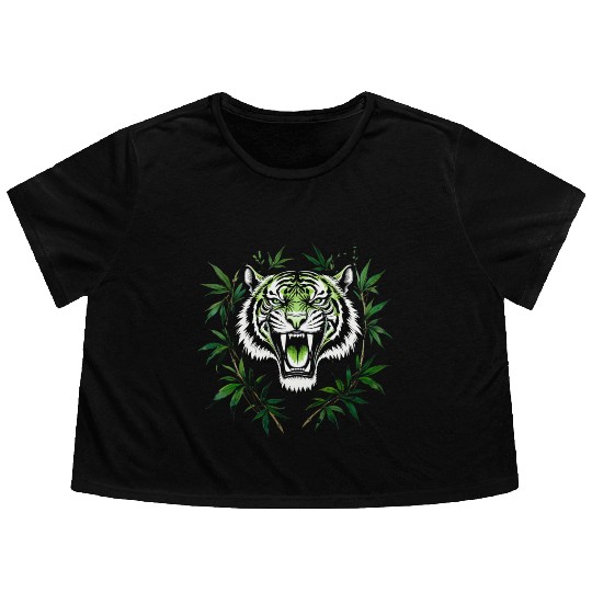 Fierce Green Tiger with Bamboo Branches Flowy Cropped Tees