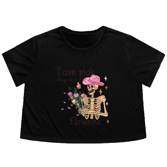 Funny Cowboy Skeleton with Flowers Flowy Cropped Tees