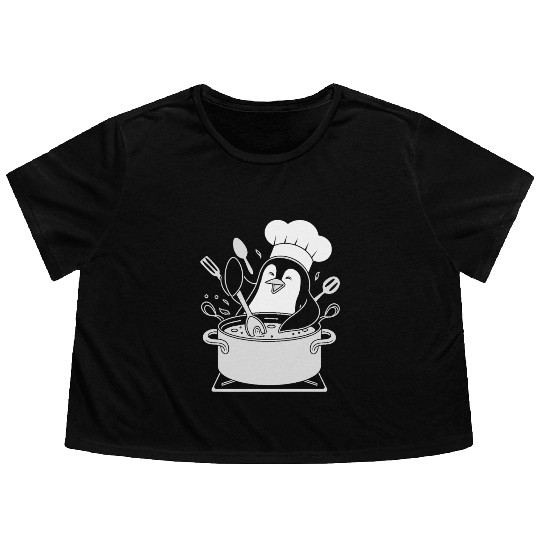 Chef Penguin Cooking with Utensils in Pot Flowy Cropped Tees